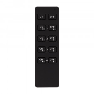 Пульт SMART-R7-DIM (4 зоны, 2.4G) 023028, Кнопочный радиопульт 2.4 ГГц черного цвета для управления одноцветным (DIM) источником света. 4 зоны управления, управление яркостью с помощью кнопок. Питание 3VDC (CR2032). Габариты 135x40x11 мм. Изготовлен из пластика с покрытием Soft Touch. Управляет к