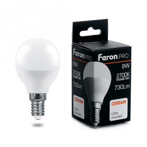 Лампа светодиодная LED 9вт Е14 теплый матовый шар Feron.PRO 38077