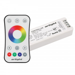 Контроллер SMART-RGB-SET-RING (12-24V, 3x3A, ПДУ 2.4G) 034807, Комплект контроллер с пультом для RGB светодиодной ленты (ШИМ). Питание/рабочее напряжение 12-24VDC, максимальный ток 3A на канал, 3 канала, максимальная мощность 108-216W. Габариты контроллера 97x33x18 мм, габариты пульта 107x58.5x9 мм.