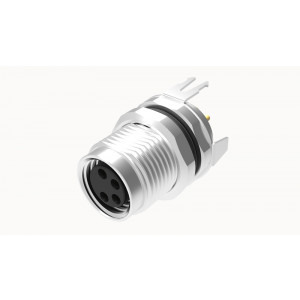 Розеточный разъем SPSH-M8B-05P-FF-SF7001, Розеточный разъем для монтажа на печатную плату, 5 полюсов, M8, гайка спереди, угол 180 град., фиксация провода пайкой, B-Code, 3A, 30V, M10*0.75,