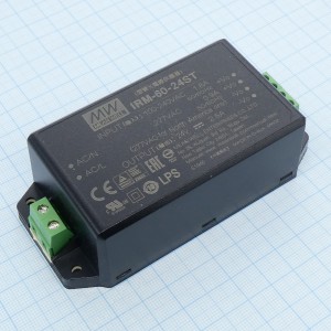 IRM-60-24ST, AC-DC, 60Вт, вход 85...264В AC 47...440 Гц, выход 24В/2.5А, изоляция 3000В AC, в корпусе на шасси, 109x52x33.5мм, -30...+70°C, винтовые зажимы