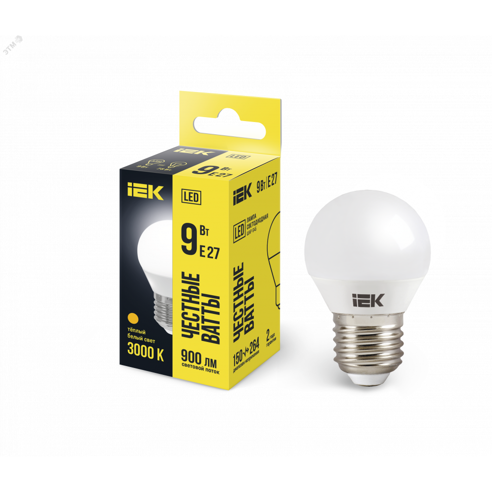 Изображение товара Светодиодная лампа G45 9Вт E27 3000К IEK теплый белый