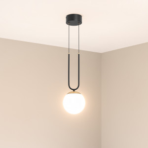 Светильник SP-BEADS-HANG-U-R130-10W Warm3000 (BK-GD, 275 deg, 230V) 036527, Подвесной светильник. Мощность 10 Вт, св. поток 710 лм, 71 лм/Вт, теплый 3000 K, CRI>90, угол 275°, напряжение питания 230 В. Черно-золотой круглый корпус из алюминия и стали, рассеиватель стекло, степень защиты IP20. Размер: диаметр 130 мм, высота ножки