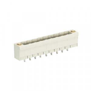 Вилочный разъем на плату 8213 S/9 GF M OB, Вилочный разъем, вертикальный, на плату, шаг: 5.08 мм, 9 полюсов, фиксация на плате пайкой, исполнение: без маркировки, с монтажными фланцами, 300V, 10А, цвет: серый