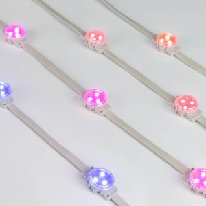 Модуль управляемый DMX-F3-D30 12V RGB (0.75W, IP68, 120 deg) 036830, Управляемый светодиодный модуль DMX, RGB, микросхема SM16511, напряжение 12 В, мощность 0.75 Вт, 3 светодиода SMD 3535, угол 120°. Создание медиафасадов, 30 шт на проводе, расстояние между центрами модулей 170 мм, длина провода между модулями 125 мм