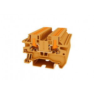 Проходная клемма TPV2.5-2-OG, Проходная клемма, с боковым подключением, тип фиксации провода: Push-in, номинальное сечение: 2,5 мм кв., 24A, 1000V, ширина: 5,2 мм, цвет: оранжевый, тип монтажа: DIN35