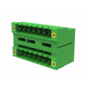 Вилочный разъем на плату MC-DPA5.08H02-F-0002, Вилочный разъем, 2 этажа, горизонтальный, на плату, шаг: 5.08 мм, 2x2 полюса, фиксация на плате пайкой, исполнение: с монтажными фланцами, 320V, 10A, цвет: зеленый