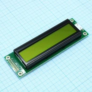 WH2002A-YYH-CT#, ЖКИ знакосинтезирующий 20 x 2, STN Желто-зеленый Позитивный/прозрачно-отражающий светодиодная подсветка желто-зеленая размеры 116x37 мм, видимая область 85x18.6 мм, -20...70°C, контактные площадки 2 ряда слева 16 выводов