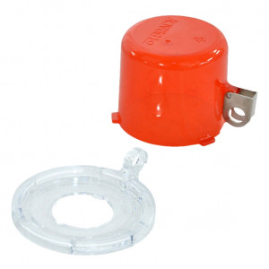 gws130821, Блокиратор кнопки со съемным колпачком большой, поликарбонат, диаметр отверстия для кнопки – 31 мм, высота – 55 мм, диаметр основания – 74 мм, цвет – красный (в комплекте три наклейки: прозрачная, желтая, красная), 1 шт/упак