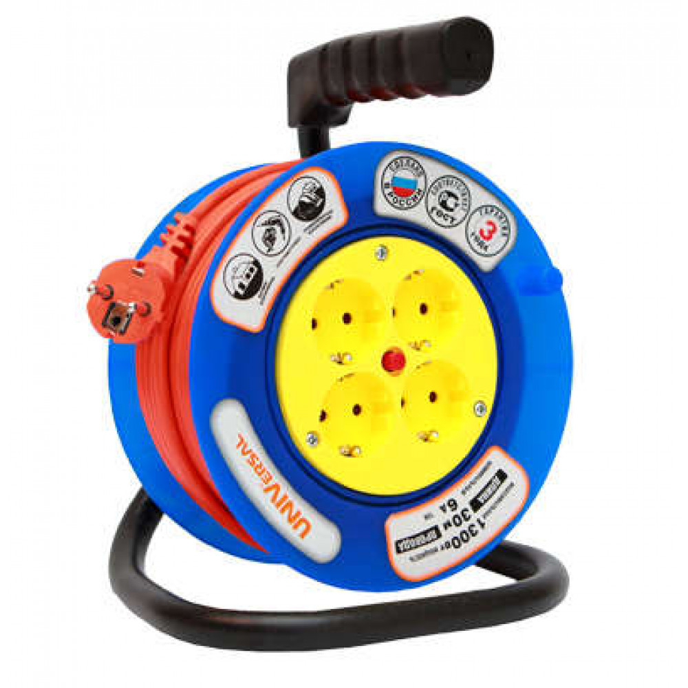 Изображение товара Удлинитель на катушке 4х20м без заземл. 6А IP20 У6-014 190мм ПВС 2х0.75 термозащита 9632057