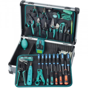 PK-1938M1, Набор инструментов для обслуживания LAN сетей из 37 предметов в алюминиевом кейсе, стандартный комплект PK-1938M + каб. тестер MT-7063