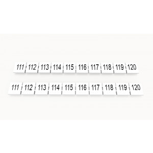 ZB10-10P-19-284Z(H), Маркировочные шильдики для клемм WS…, DC…, PC…, сечением 10 мм кв., центральная, 10 шильдиков нанесенные символы: 111-120, с вертикальным расположением, размер шильдика: 9,3х10,7 мм, цвет белый