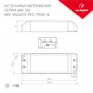Блок питания ARS-60-24-LS (24V, 2.5A, 60W) 026169(2), Источник напряжения с гальванической развязкой для светодиодных изделий. Входное напряжение 200-240 VAC. Выходные параметры: 24 В, 2,5 А, 60 Вт. Встроенный PFC >0,5. Негерметичный алюминиевый сетчатый корпус IP 20. Габаритные размеры длина 195 мм, ширина