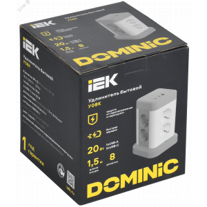 DOMINIC Удлинитель У08K 8 мест 2P+PE 1,5м 3х1,0мм2 16А/250В USB A+C 20Вт серый IEK DN-YP30-16-08-01-ZKU-K41