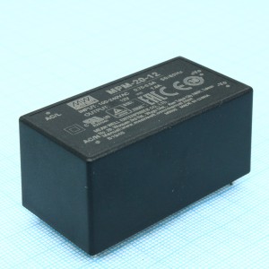 MPM-20-12, AC-DC med, 21.6Вт, вход 80...264В AC 47...440 Гц, выход 12В/1.8А, изоляция 4000В AC, на плату, 52.4х27.2х24мм, -40...+85°C