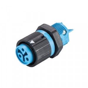 Розеточный разъем в панель RST16I3 S B1 M02 H BL, Розеточный разъем в панель, М16, 3 полюса, тип фиксации провода: винтовой, номинальные характеристики: 250/400V, 16A, цвет корпуса: черный, цвет контактной вставки: голубой, серия RST MINI