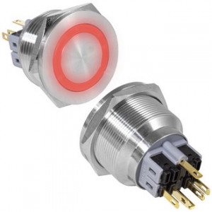 GQ28PF-11E/R/N ON-(OFF)+OFF-(ON), Антивандальная кнопка металлическая без фиксации с подсветкой, посадочная резьба М28, контакты под пайку