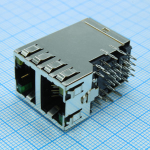 1888653-4, Разъем RJ-45 розетка 16 контактов шаг 1.02мм угловой монтаж в отверстие 24 терминалов 2 порта лоток