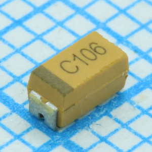 TPSA106M010R0900, ЧИП-конденсатор танталовый твердотельный 10мкФ 10В типоразмер A ±20% (3.2х1.6х1.6мм) выводы внутрь SMD 3216-18 0.9Ом 125°С лента на катушке