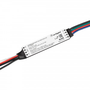 Контроллер SMART-K46-RGB-PUSH-SUF (12-24V, 3x1A, 2.4G) 028440, Миниатюрный контроллер для RGB светодиодной ленты (ШИМ). Питание/рабочее напряжение 12-24VDC, максимальный ток 1A на канал, 3 канала, максимальная мощность 36-72W. Поддерживает функцию Push-Dim. Габариты 60x14x6 мм. Совместим с пультами и панелями SMART,