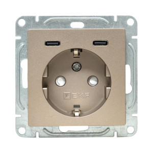 Механизм розетки с USB-C - 2шт, 16А, с заземлением, со шторками, шампань Эпика EKF UP1-SOC-111-2USBC