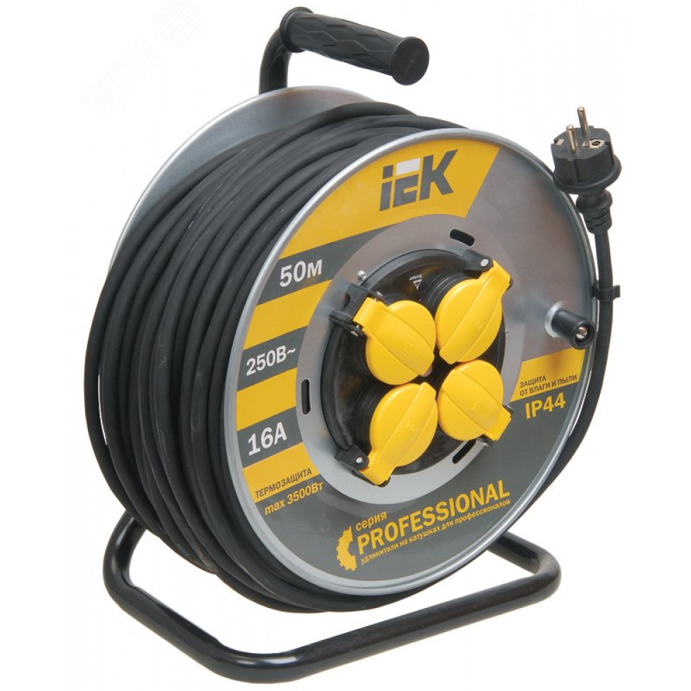 Изображение товара Удлинитель на металлической катушке 4х50м IP44 с заземлением и защитой Термозащита