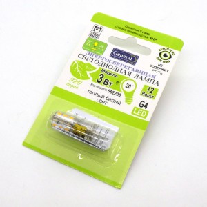 Лампа LED General 3W тёпл. 12V (262), G4,2700K,36*10,105Lm,силикон,360°