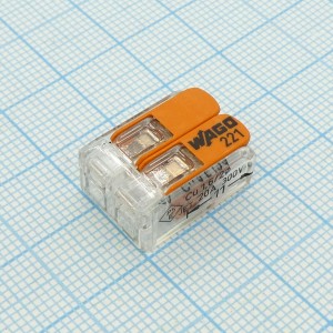 Зажим WAGO 221-412, 2х(0,14-4мм2) 32А,450В, не горюч. с защёлкой. Для быстрого соединения Cu+Cu проводов