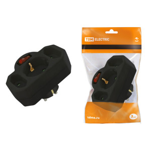 Блок на 3 гнезда с выключателем с индикацией: 1x2П+3 16А+2х2П 2,5А под плоскую вилку 250B черный SQ1806-0302