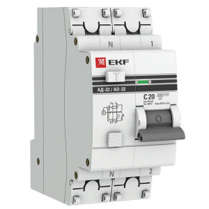 Выключатель автоматический дифференциального тока 2п (1P+N) C 20А 30мА тип AC 4.5кА АД-32 2мод. защита 270В электрон. PROxima DA32-20-30-pro