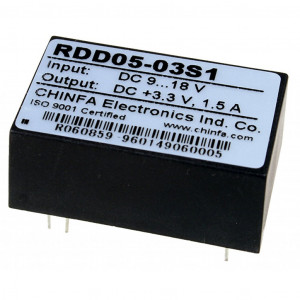 RDD05-03S1, DC/DC конвертор: 5 Вт; корпус PCB DIP24; выход 3.3В @ 1.5А; вход: 9...18 [12] В; -25...71 °C; изоляция вх-вых: 1.5 кВ