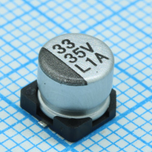 ELV330M35RC, Конденсатор алюминиевый электролитический 33мкФ 35В ±20% (6.3х5.5мм) для поверхностного монтажа 67мА 2000час 85°С лента на катушке