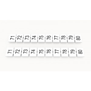 Маркировка (в кассетах) ZB8-10P-19-125Z(H), Кассета с маркировочными шильдиками, для клемм сечением 6 мм.кв., верхняя, 10 шильдиков, нанесенные символы: 71...80, с горизонтальным расположением, размер шильдика: 7,45 x 10,7 мм, цвет: белый