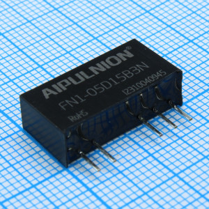 FN1-05D15B3N, DC/DC, 1Вт, вход 4.5…5.5В, выход ±15В/±0.033А, изоляция 3000В DC, КПД 77…81%, максимальная емкостная нагрузка не более 220мкФ, SIP7, 19.65x6x10.16мм, -40…105°C, пластик