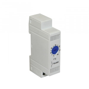 MTF-F24, Термостат компактный (модульный) для электрических шкафов (щитов), биметаллический датчик, управление вентилятором. Ширина 17,5 мм, -20…+40 гард. Ц., 1NO. Серия - MTF