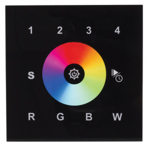 DALI-901-11-4G-RGBW-DT8-IN BLACK, Настенная встраиваемая стеклянная панель белого цвета с сенсорным управлением (сенсорное кольцо и 11 сенсорных кнопок) для мультицветных светодиодных RGBW-лент. 4 группы, 4 сцены, 1 слот памяти пользовательских настроек. Питание по шине DALI.