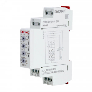 Реле контроля фаз, 3 фазы, контроль напряжения, контроль обрыва фаз, конфигурация контакта 2CO, 208-480В DRF-3-5