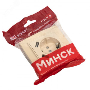 Минск Розетка 1-местная СП с/з 16А бежевая с защ. штор. с 2 USB 2,1А ERR16-028-200-2USB