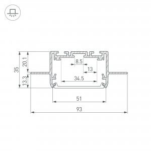 Профиль SL-LINIA55-FANTOM-2500 ANOD 035650, Алюминиевый профиль для встраивания в гипсокартон толщиной 12 мм. Для использования с гибким экраном SL-SEAMLESS (поставляется в рулонах). Габаритные размеры (LхWхH): 2500x93x35 мм, паз для установки 55 мм. Ширина площадки для ленты - 34,5 мм. Экраны, заг