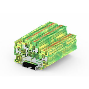 Заземляющая клемма TPD4-2-PE, Заземляющая этажная клемма, 2 этажа, тип фиксации провода: Push-in, номинальное сечение: 4 мм кв., ширина: 5,2 мм, цвет: желто-зеленый, тип монтажа: DIN35