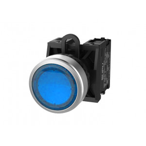 Кнопка плоская (синяя) TS2527-0CM40-R10, Кнопка круглая плоская, без блокировки, LED AC 220V, алюминиевое переднее кольцо, с плавным нажатием, с контактной группой 1NO, диаметр головки кнопки 29,5 мм, диаметр посадочного отверстия: 22 мм, цвет: синий