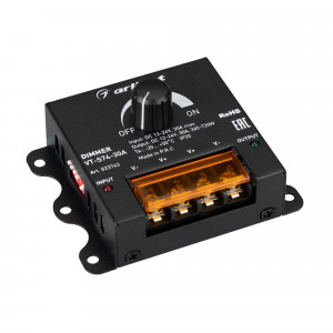 Диммер VT-S74-30A (12-24V) 023743, Диммер без ПДУ (потенциометр). Напряжение питания DC 12-24V, выходной ток 30А, мощность нагрузки 360-720W. Габариты 82x64x40 мм.