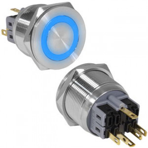 GQ25PF-11ZE/B/N ON-OFF+OFF-ON, Антивандальная кнопка металлическая с фиксацией и с кольцевой подсветкой, посадочная резьба М25, контакты под пайку