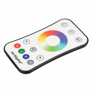 Пульт SMART-R14-RGBW (1 зона, 2.4G) 022671, Кнопочный радиопульт с сенсорным кольцом 2.4 ГГц белого цвета для управления RGB/RGBW источником света. 1 зона управления, выбор цвета с помощью сенсорного кольца. Питание 3VDC (CR2032). Габариты 107x58.5x9 мм. Изготовлен из пластика с покрытием, защищающ