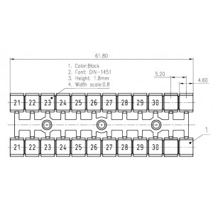 Маркировка (в кассетах) ZK5-24P-19-13Z(H), Кассета с маркировочными шильдиками, для клемм сечением 2,5 мм.кв., боковая, 24 шильдика, нанесенные символы: 21...30 (2 полоски) + 4 шилд. чистые, с вертикальным расположением, размер шильдика: 4,6 х 5 мм, цвет: белый