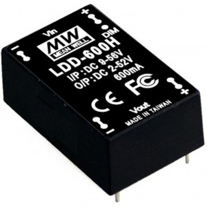 LDD-700H, DC/DC LED понижающий, вход 9…56В, выход 2…52В/0.7А, КПД до 97%, вход On/Off/DIMM, 31.8x20.3x12.2мм, DIP, -40…71°C, пластик