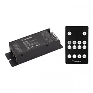 Диммер ARL-SYNC-DIM Black (12-24V, 1x25A, ПДУ 14кн, RF, RJ45) 035135, 1-канальный диммер с радиопультом 14 кнопок. Питание 12-24VDC, макс.ток 1х25A, максимальная мощность 300-600W. Габариты диммера 127x42x32 мм, габариты пульта 85х51х6 мм.