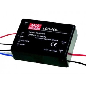 LDH-45B-1050, DC/DC LED повышающий, вход 18…32В, выход 21…43В/1.05А, КПД до 95%, вход On/Off/DIMM, 75x53x22.7мм, DIP, -40…70°C, пластик