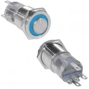 LAS2GQPH-11ZE/B/N ON-ON, Кнопка антивандальная металлическая с фиксацией с кольцевой синей подсветкой, 3А 250В, резьба М16