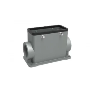 Закрытое основание разъема D16B-SFH-4g-2PG21, Основание разъема на панель, закрытое, типоразмер 16B, высокое исполнение, с уплотнителем, 2 отверстия с резьбой для кабельных вводов PG21, без защелок (упоры для двух защелок), без защитной крышки, материал корпуса: алюминиевый сплав